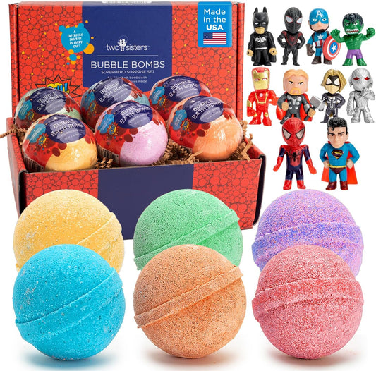 Superhero Bath Bombs for Kids with Surprise Toys inside (6 Pack) - Large Bubble Bomb Fizzies for Boys, Girls, & Toddlers - Boys Easter Basket Stuffers and Gift, Fruity Scents, USA Made by