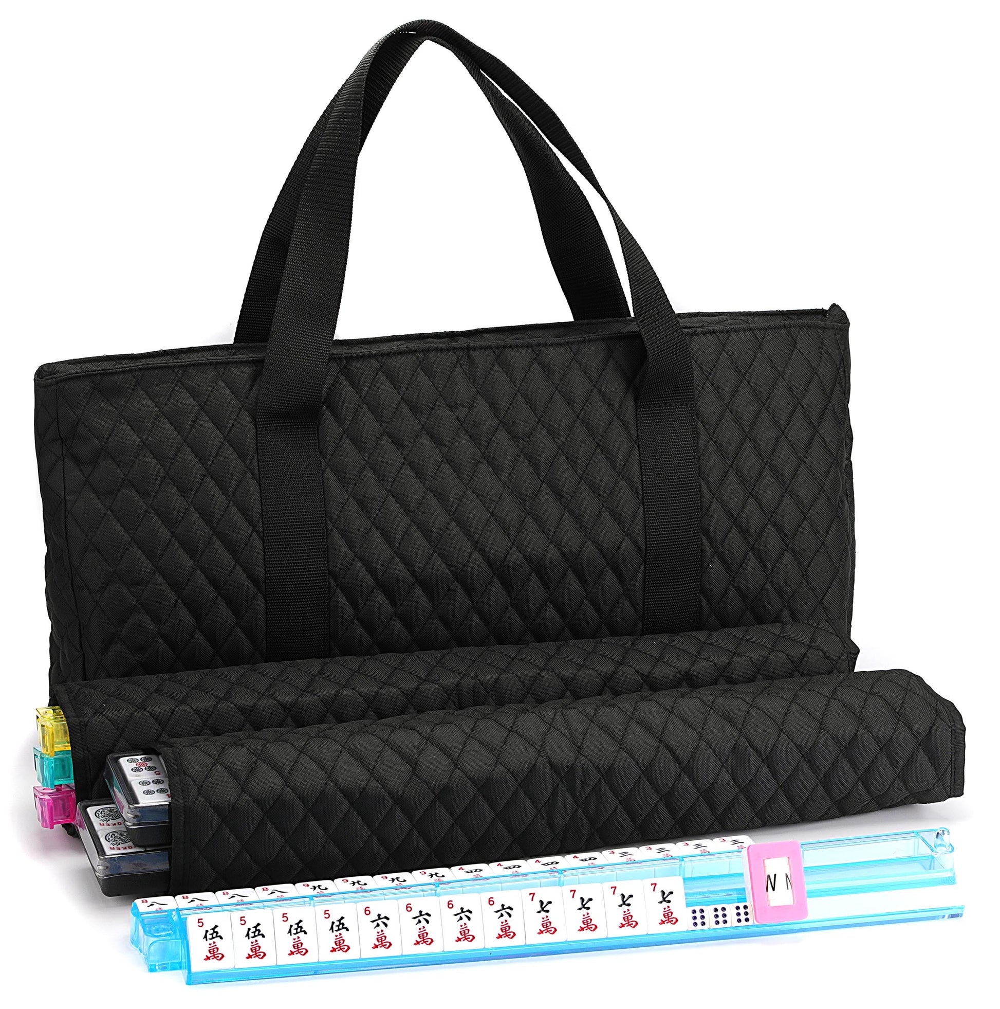 American Mahjong Set - Black Quilted Soft Bag - 166 White Engraved Tiles, 4 All-In-One Rack/Pushers Western Mah Jongg Game Set
