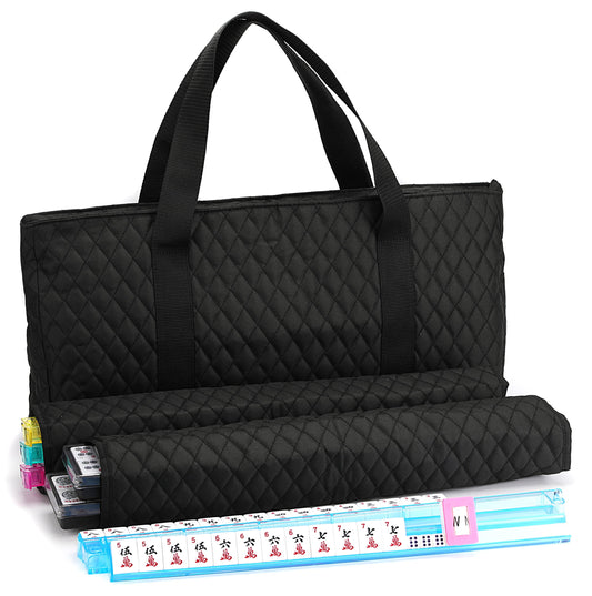 American Mahjong Set - Black Quilted Soft Bag - 166 White Engraved Tiles, 4 All-In-One Rack/Pushers Western Mah Jongg Game Set